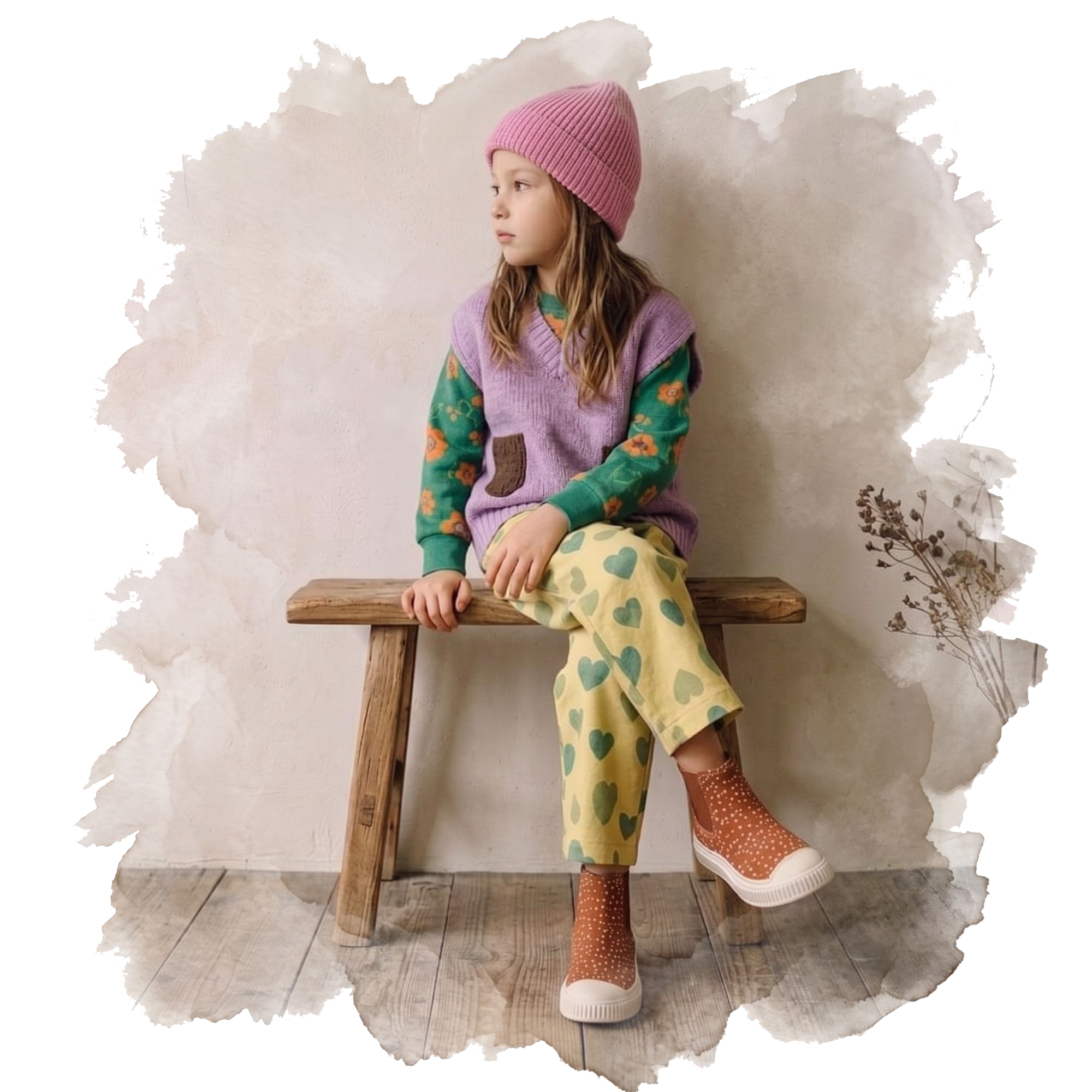 A child sitting on a wooden bench